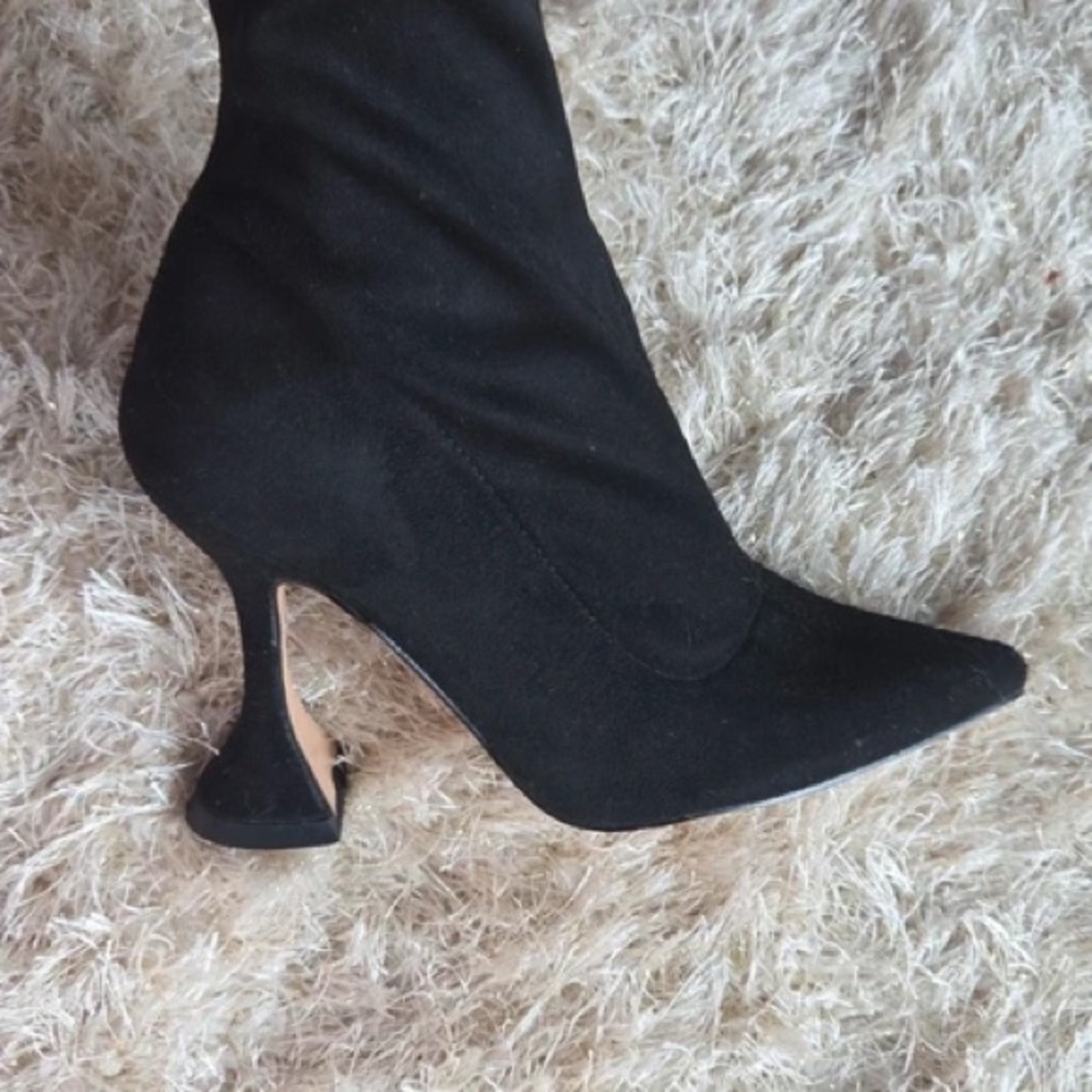 Black Pointed Sock Boot with Sculpted Flare Heel